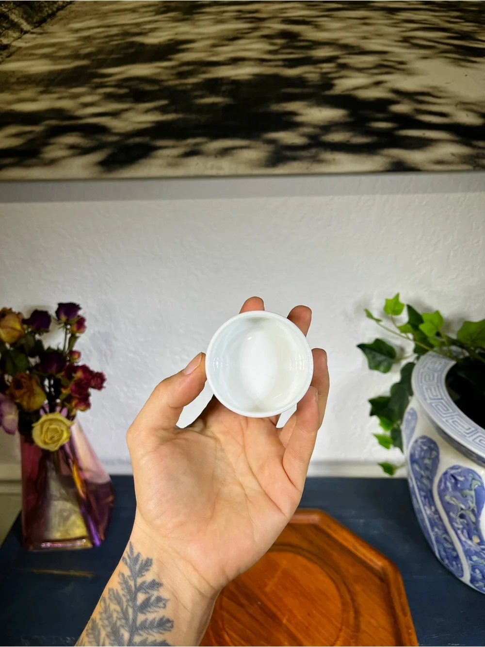 Vintage White Ceramic Trinket Dish with Purple Floral Design